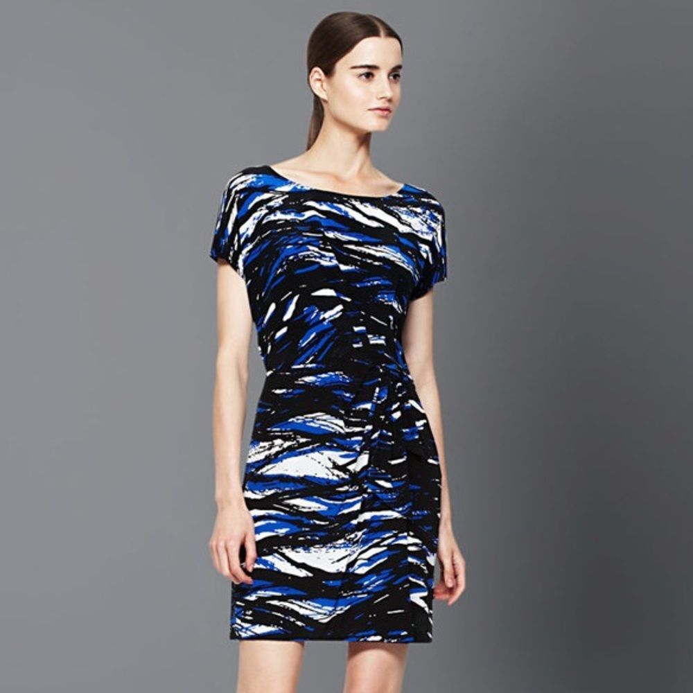 BCBGMaxazria Printed Silk Short Sleeve Gathered Waist Dress Size Small
